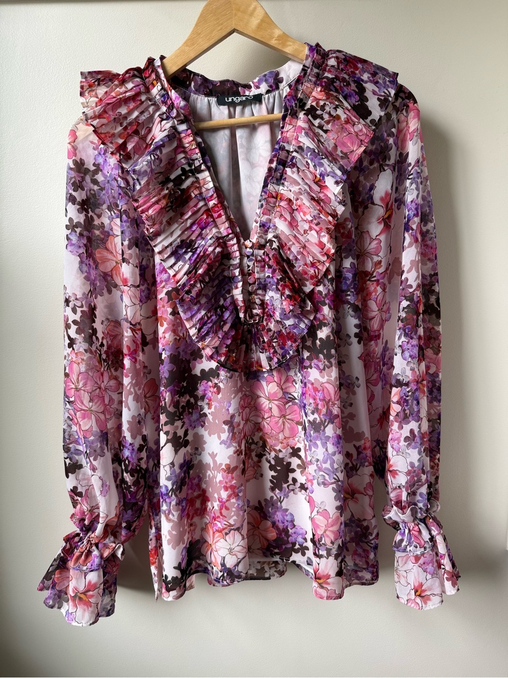 EMANUEL UNGARO Kara Blouse Top Floral Ruffle Romantic Moody‎ Boho Ethereal L